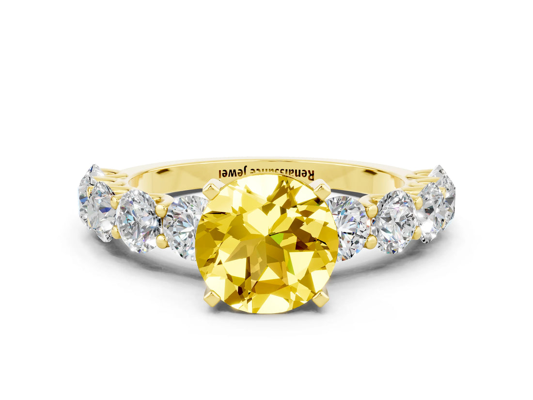 Yellow gold Round Cut Yellow Sapphire Prong Setting with Side Stones on a Pave Band_24