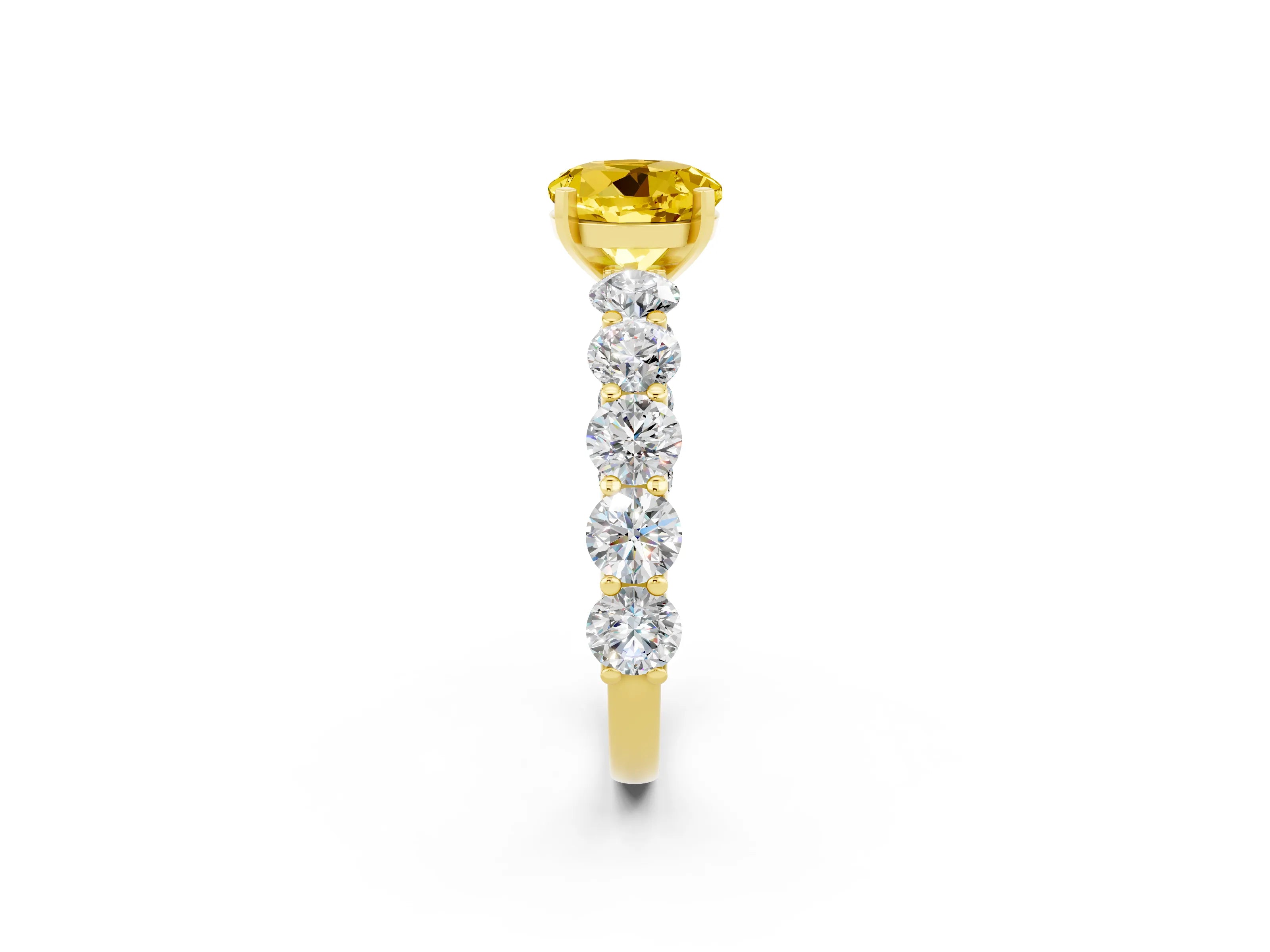 Yellow gold Round Cut Yellow Sapphire Prong Setting with Side Stones on a Pave Band_26