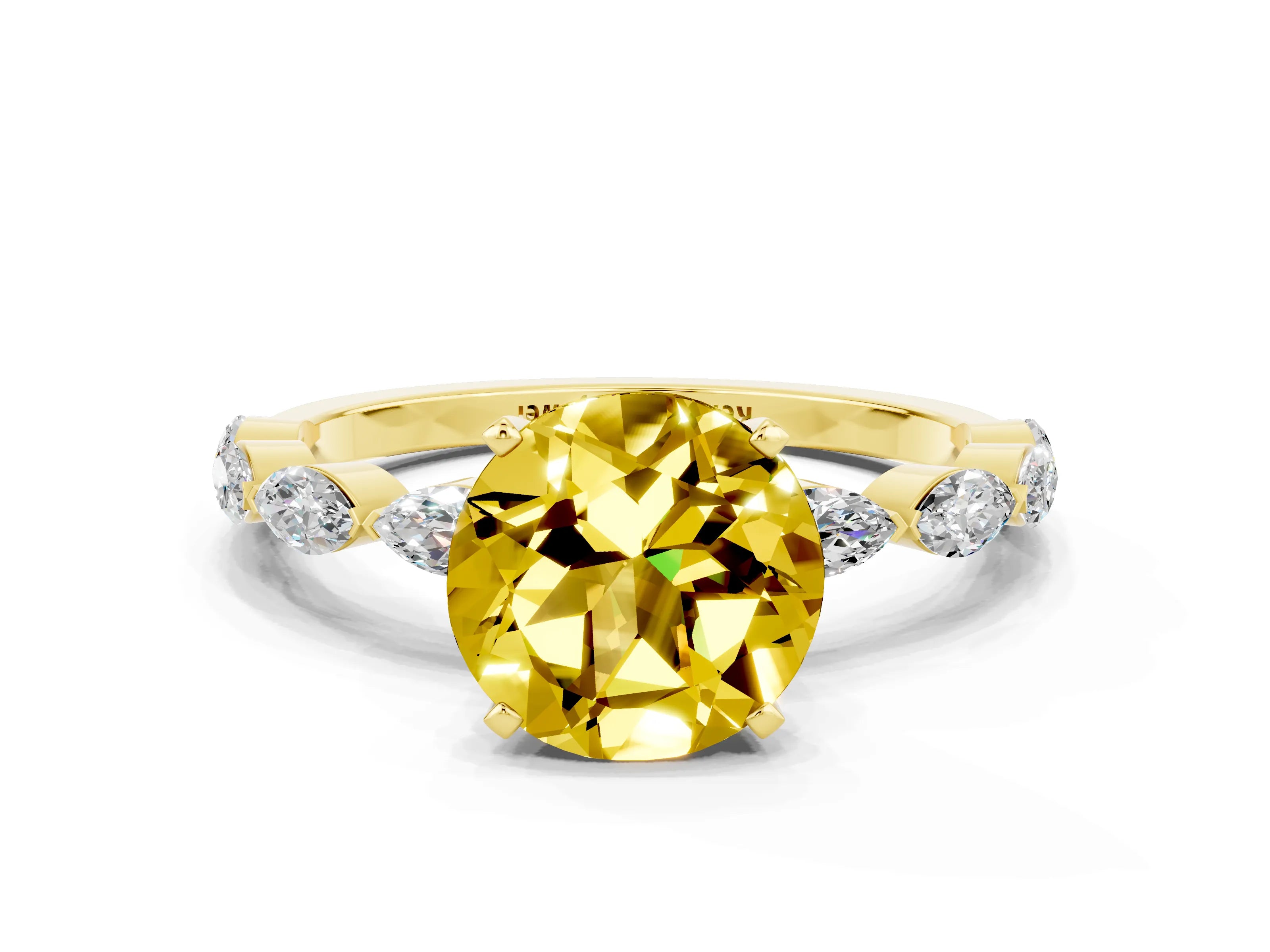 Yellow gold Round Cut Yellow Sapphire Ring with Marquise Side Stones and Prong Setting_12