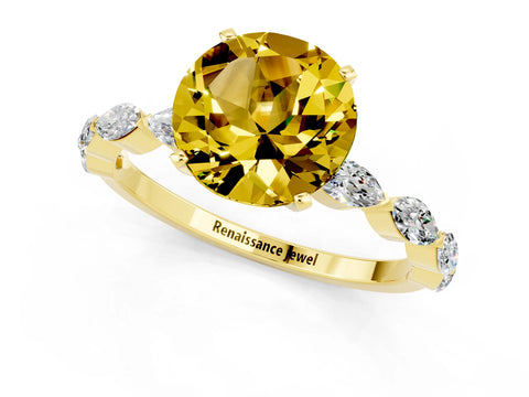 Yellow gold Round Cut Yellow Sapphire Ring with Marquise Side Stones and Prong Setting_13