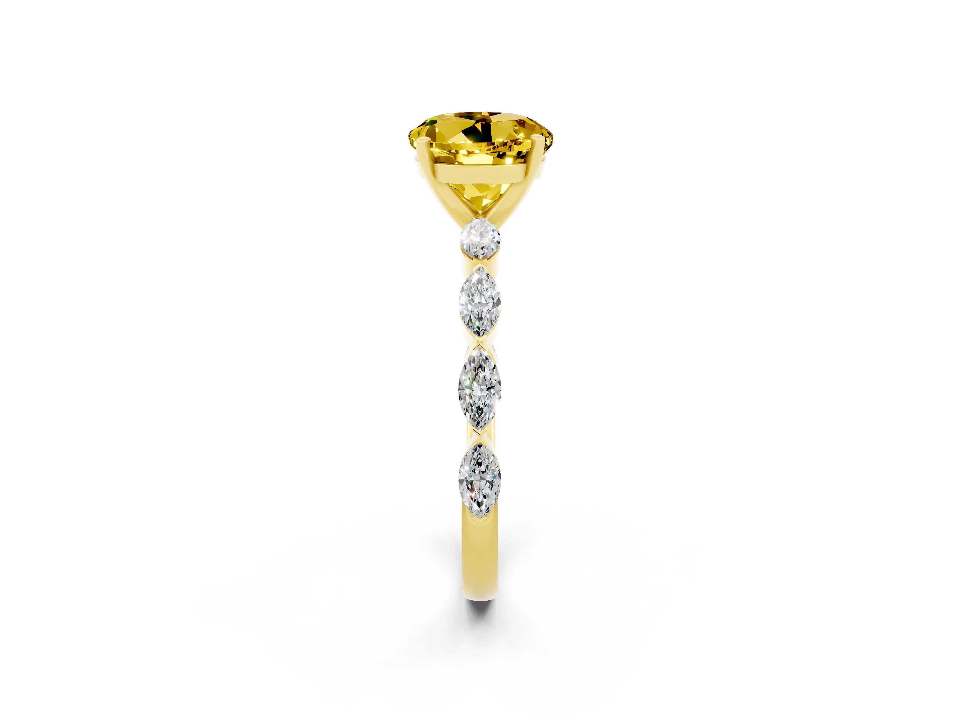 Yellow gold Round Cut Yellow Sapphire Ring with Marquise Side Stones and Prong Setting_14