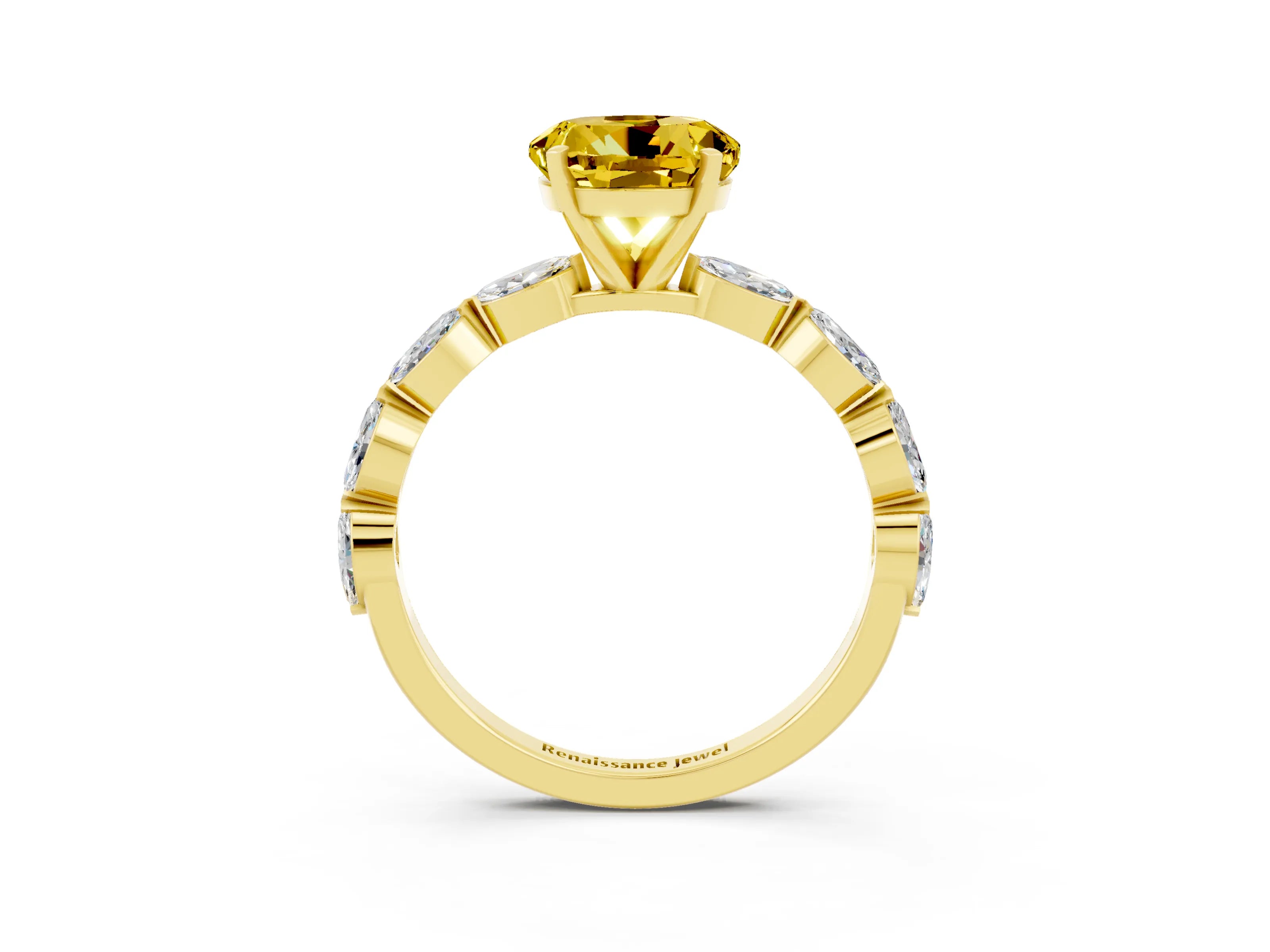 Yellow gold Round Cut Yellow Sapphire Ring with Marquise Side Stones and Prong Setting_15