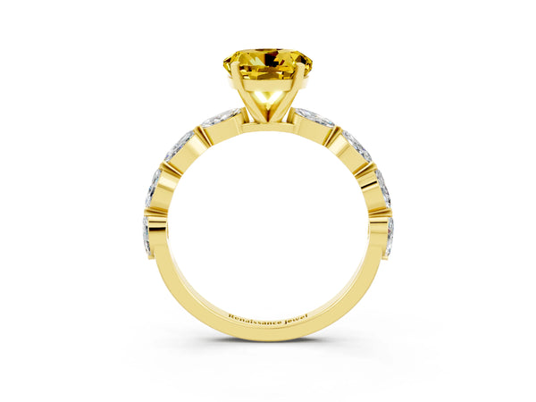 Yellow gold Round Cut Yellow Sapphire Ring with Marquise Side Stones and Prong Setting