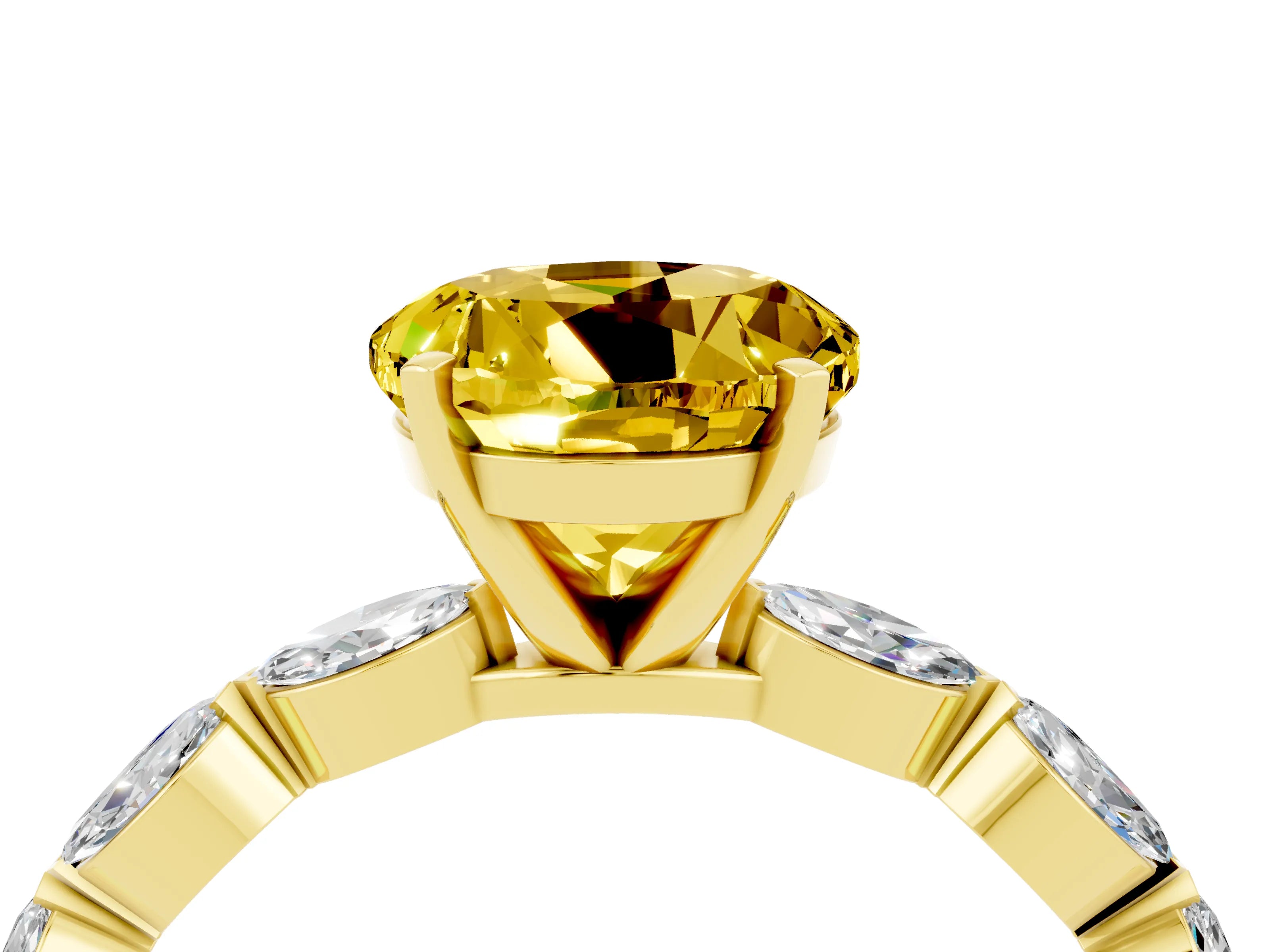 Yellow gold Round Cut Yellow Sapphire Ring with Marquise Side Stones and Prong Setting_16