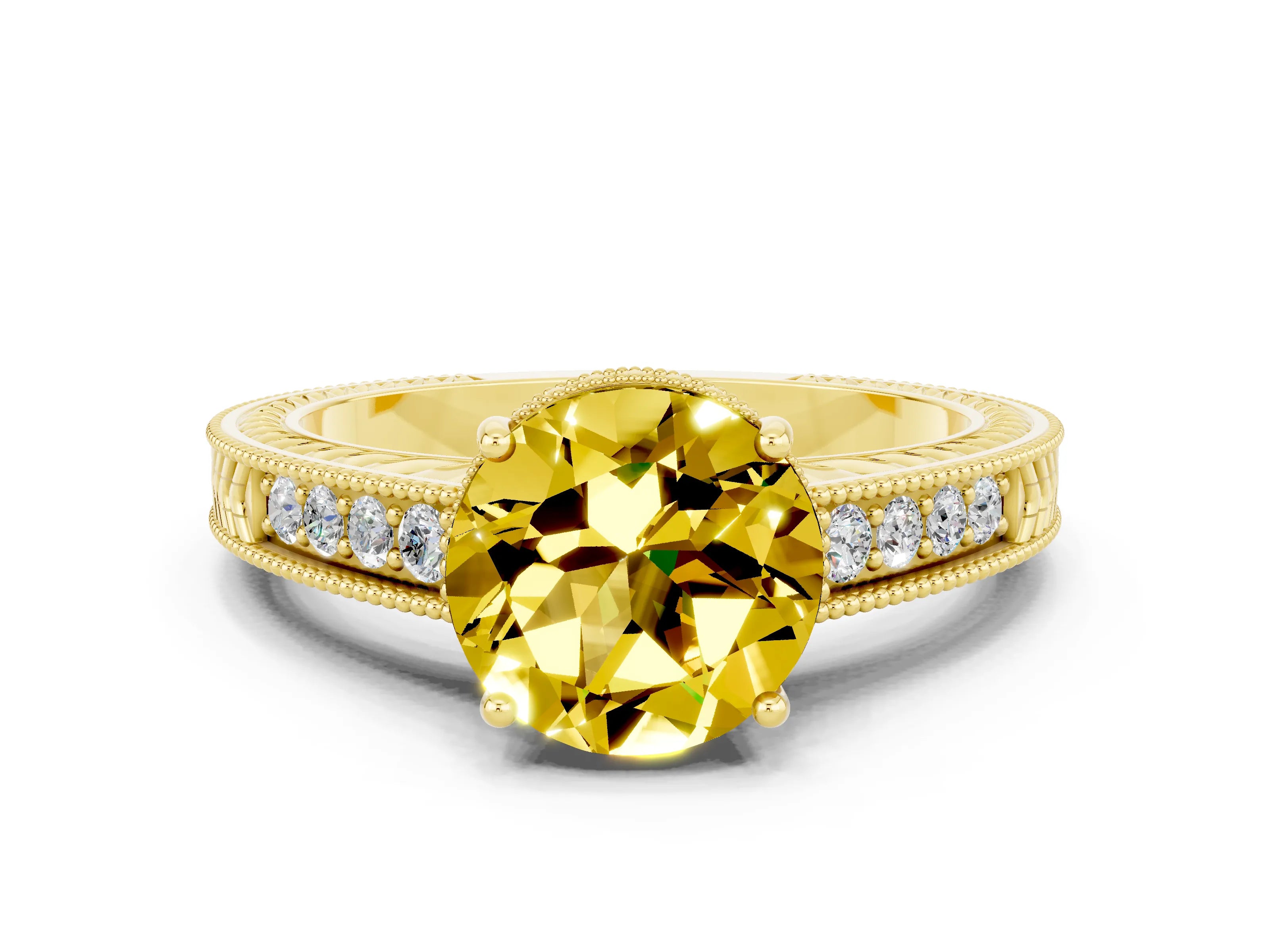 Yellow gold Round Cut Yellow Sapphire Ring with Milgrain Pavé Band and Four-Prong Setting_36