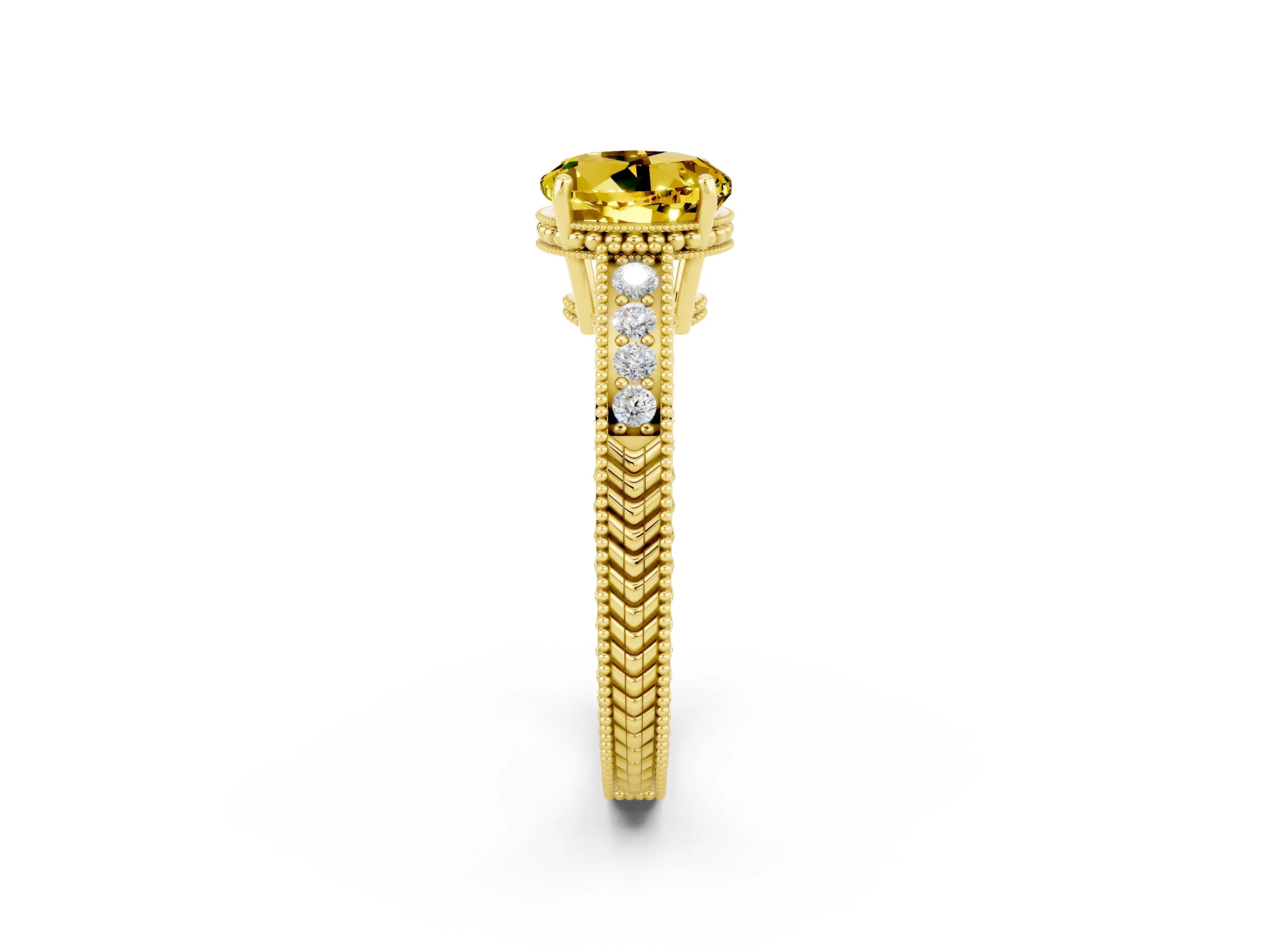 Yellow gold Round Cut Yellow Sapphire Ring with Milgrain Pavé Band and Four-Prong Setting_38