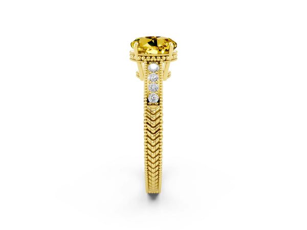 Yellow gold Round Cut Yellow Sapphire Ring with Milgrain Pavé Band and Four-Prong Setting