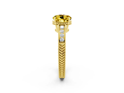 Yellow gold Round Cut Yellow Sapphire Ring with Milgrain Pavé Band and Four-Prong Setting_38