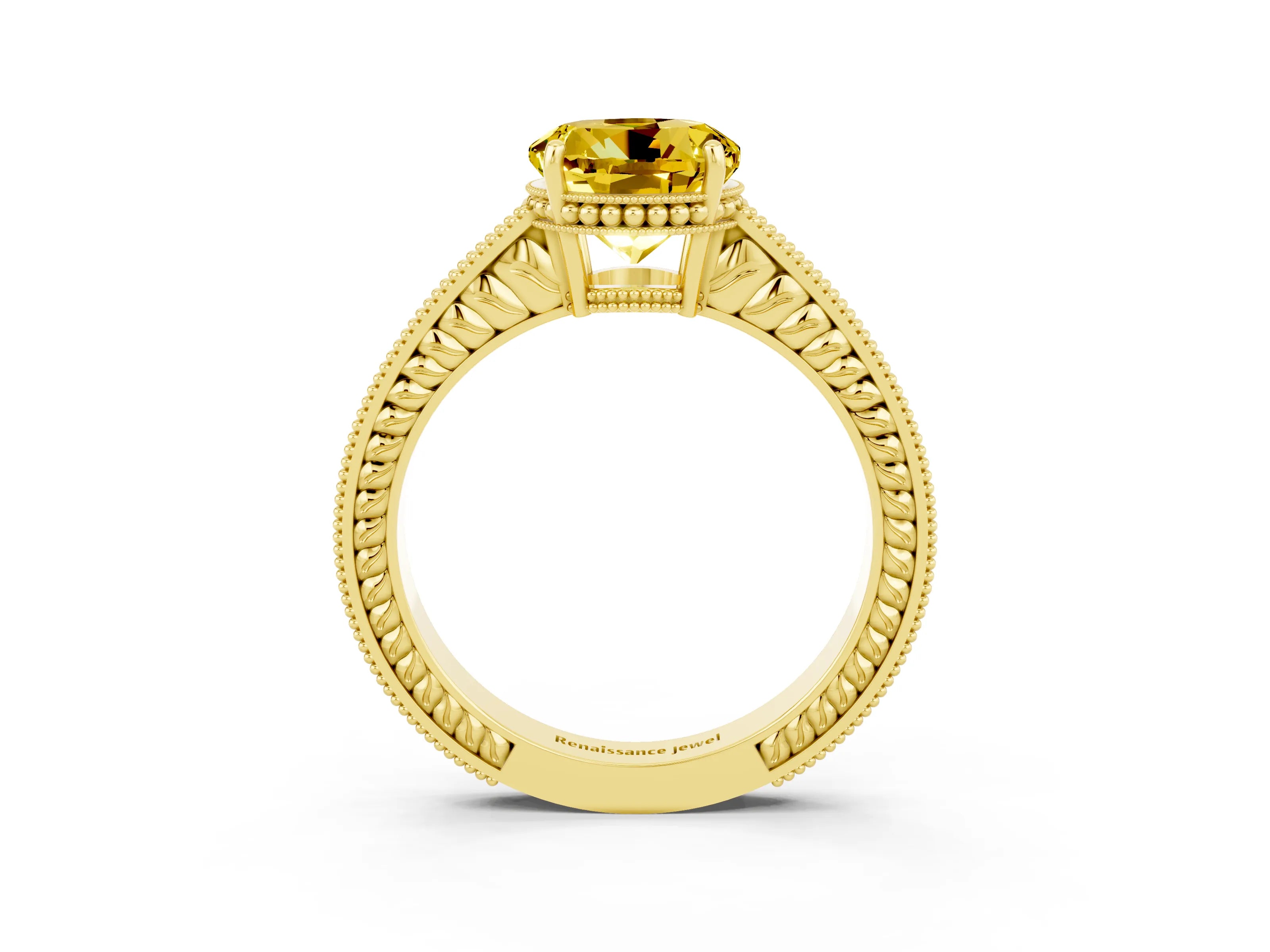 Yellow gold Round Cut Yellow Sapphire Ring with Milgrain Pavé Band and Four-Prong Setting_39