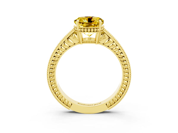 Yellow gold Round Cut Yellow Sapphire Ring with Milgrain Pavé Band and Four-Prong Setting