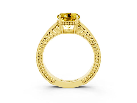 Yellow gold Round Cut Yellow Sapphire Ring with Milgrain Pavé Band and Four-Prong Setting_39