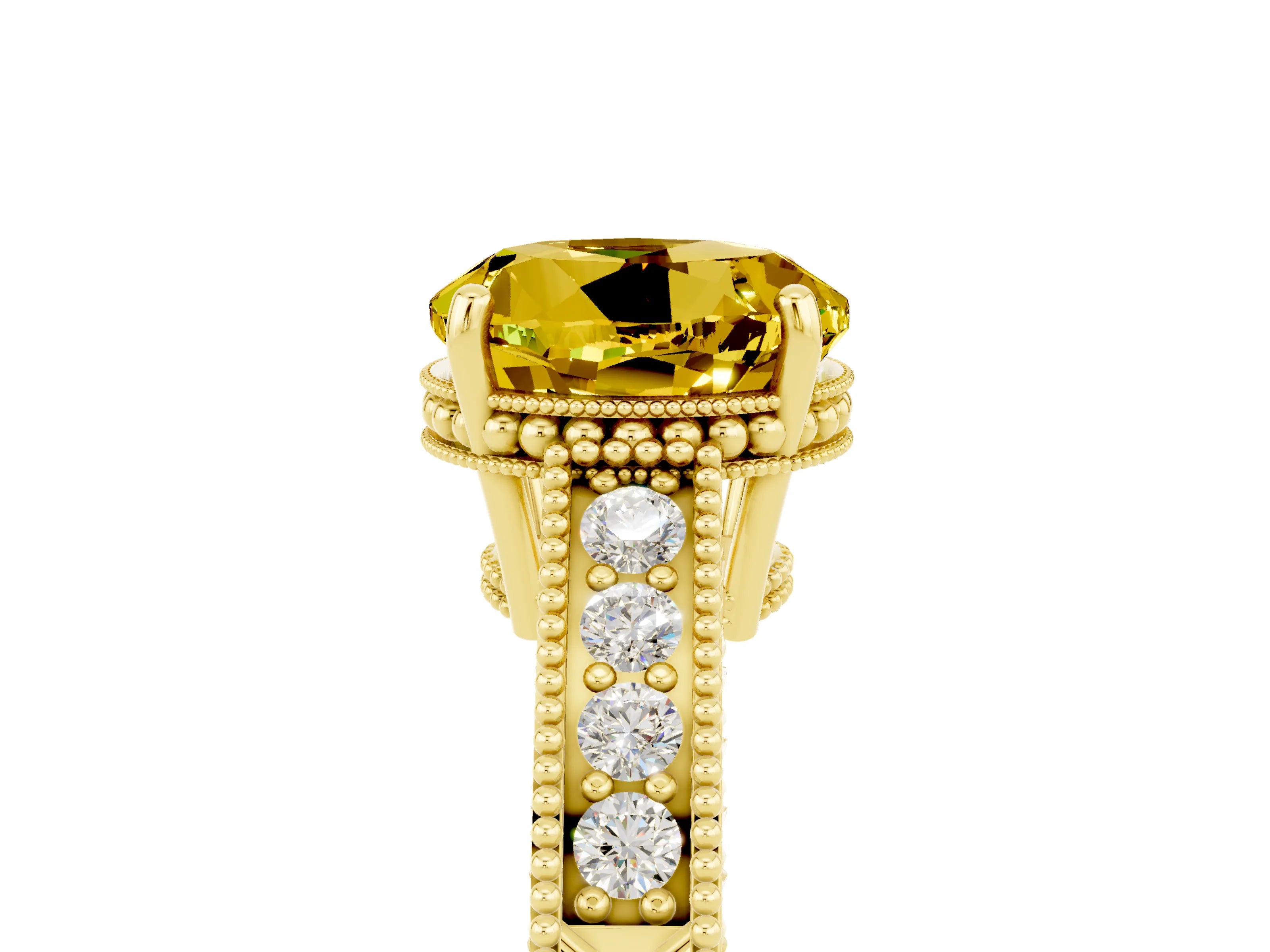 Yellow gold Round Cut Yellow Sapphire Ring with Milgrain Pavé Band and Four-Prong Setting_41