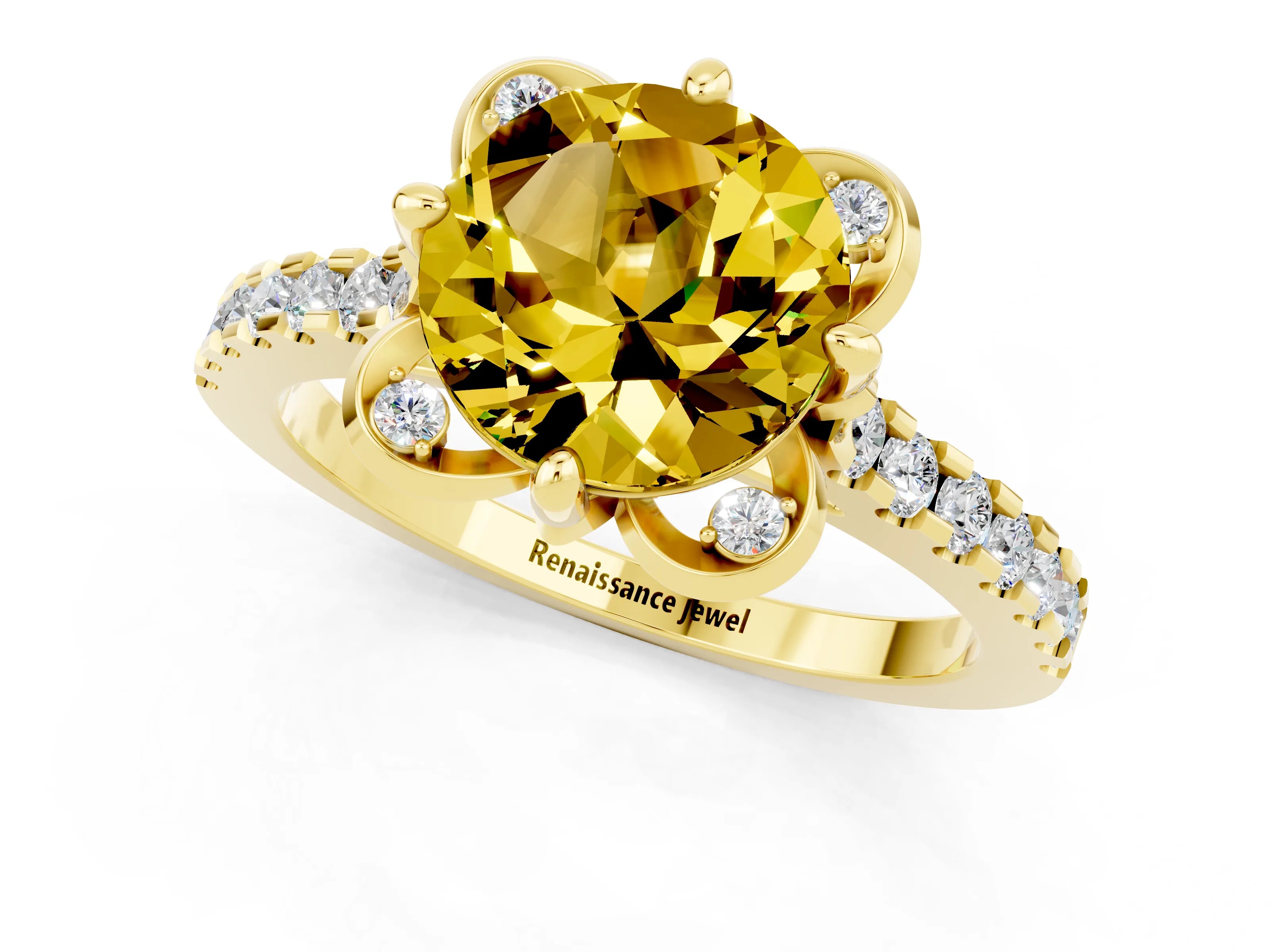Yellow gold Round Cut Yellow Sapphire Ring with Pavé Band and Floral Prong Setting_1
