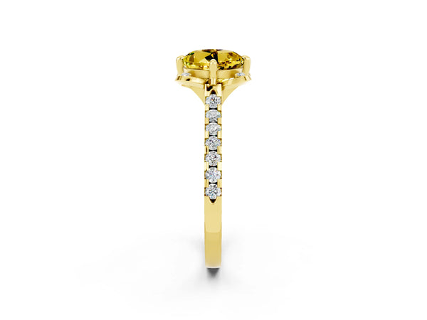 Yellow gold Round Cut Yellow Sapphire Ring with Pavé Band and Floral Prong Setting