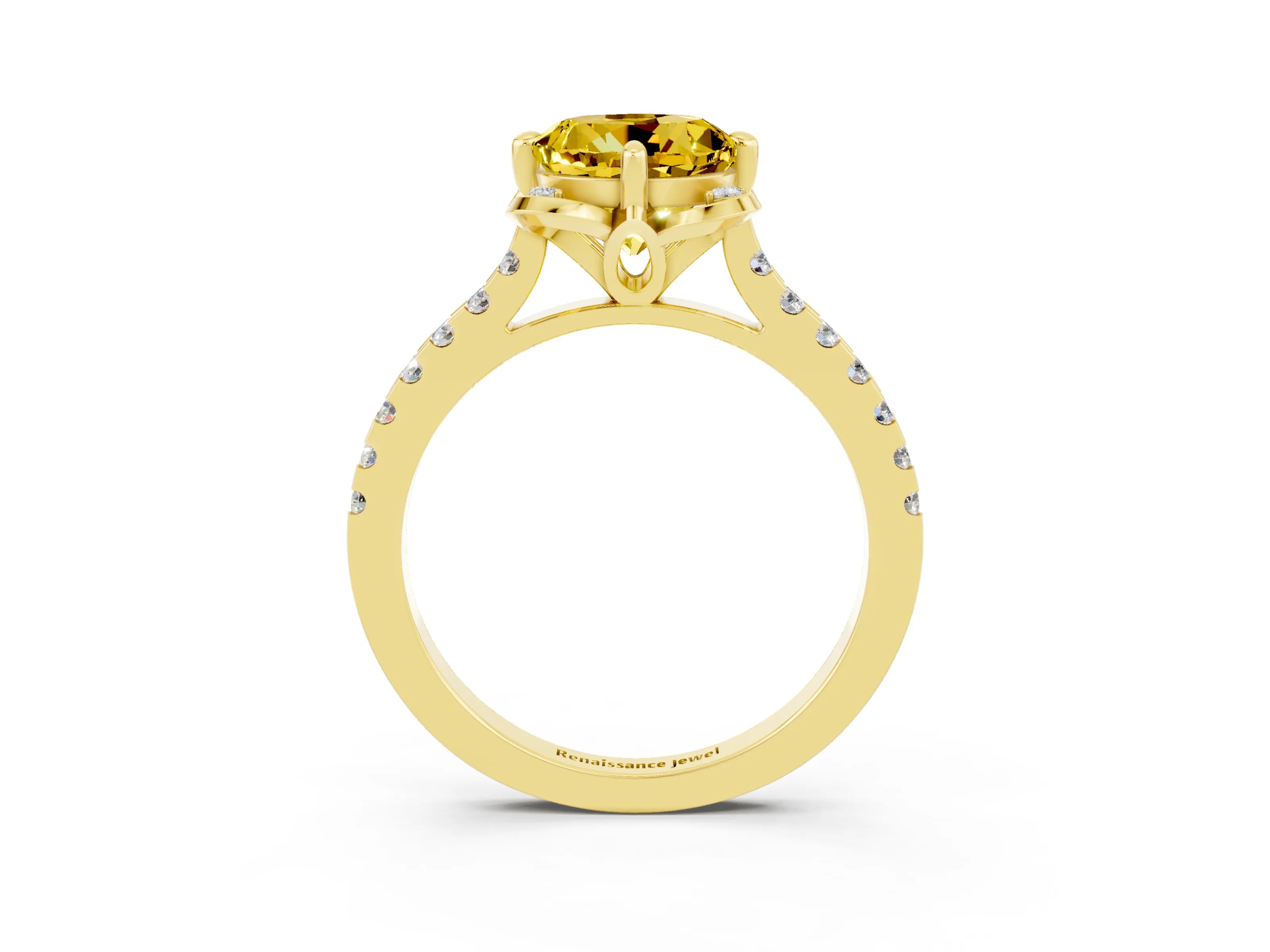 Yellow gold Round Cut Yellow Sapphire Ring with Pavé Band and Floral Prong Setting_3