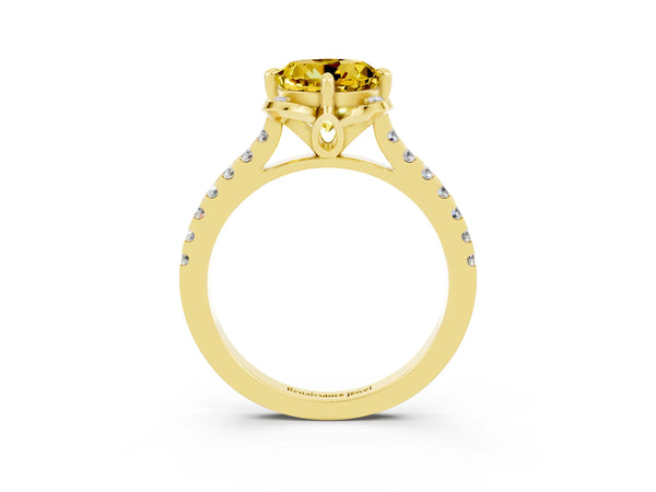 Yellow gold Round Cut Yellow Sapphire Ring with Pavé Band and Floral Prong Setting