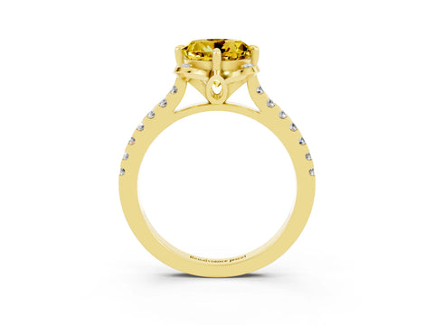 Yellow gold Round Cut Yellow Sapphire Ring with Pavé Band and Floral Prong Setting_3
