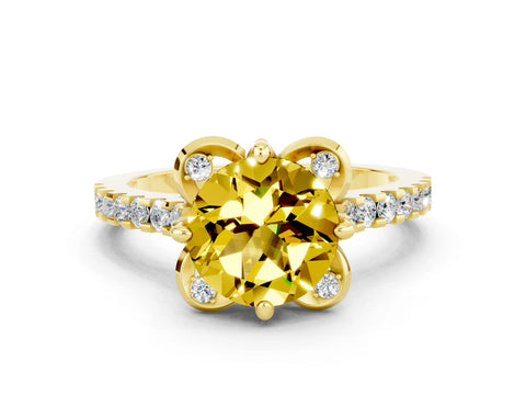 Yellow gold Round Cut Yellow Sapphire Ring with Pavé Band and Floral Prong Setting