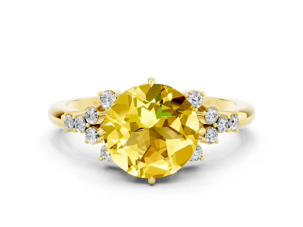 Yellow gold Round Cut Yellow Sapphire Ring with Side Stones and Four-Prong Setting