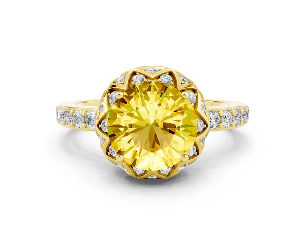 Yellow gold Round Cut Yellow Sapphire Scalloped Halo Engagement Ring with Round Shared Prong Band