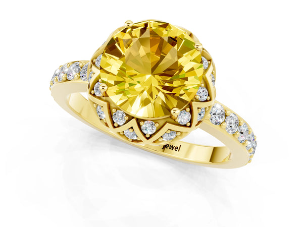 Yellow gold Round Cut Yellow Sapphire Scalloped Halo Engagement Ring with Round Shared Prong Band