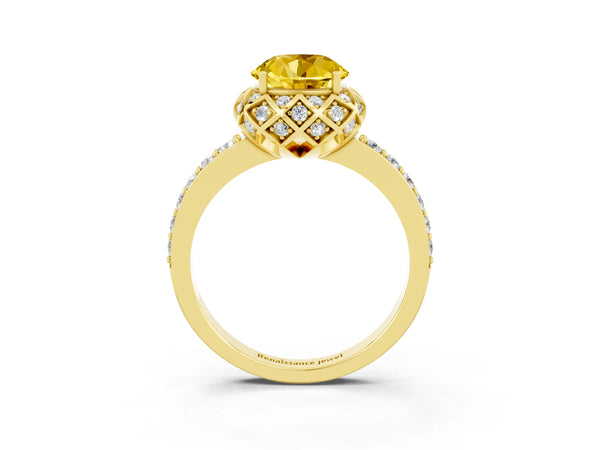 Yellow gold Round Cut Yellow Sapphire Scalloped Halo Engagement Ring with Round Shared Prong Band