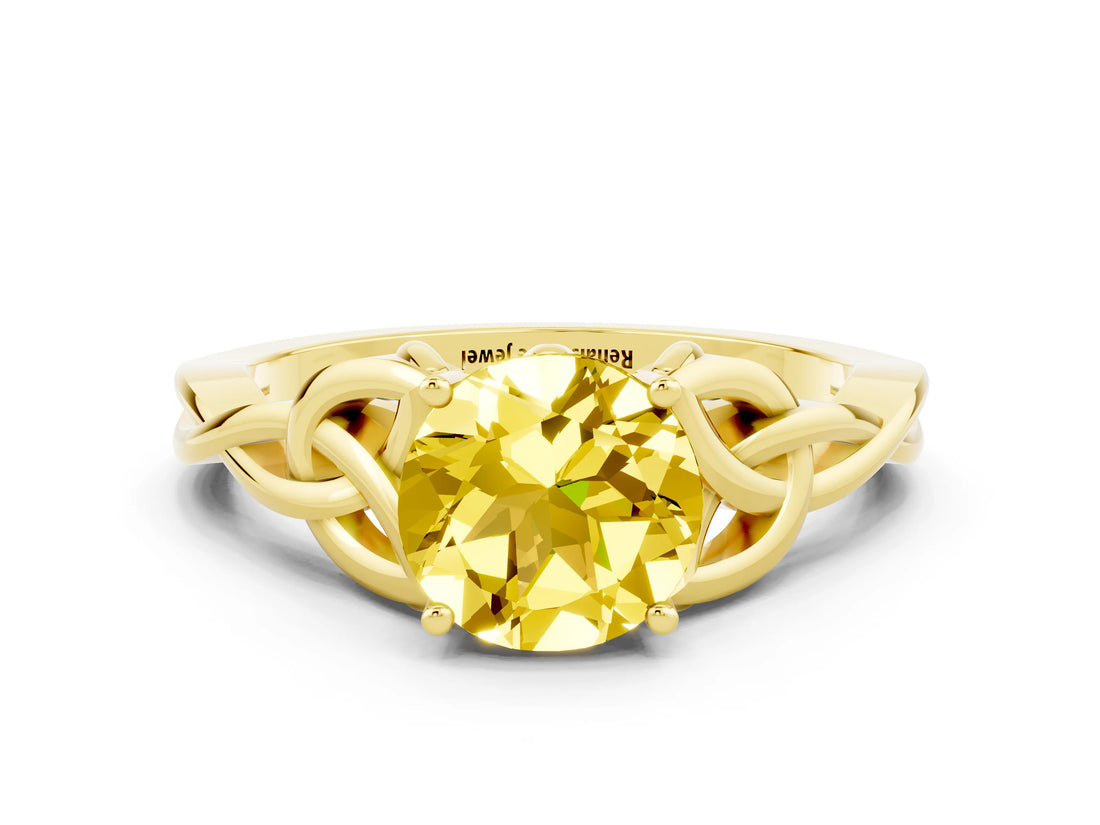 Yellow gold Round Cut Yellow Sapphire Solitaire Celtic Knot Ring with Four-Prong Setting_36