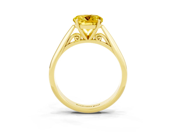 Yellow gold Round Cut Yellow Sapphire Solitaire Engagement Ring with Cathedral Setting and Four-Prong Mount