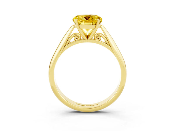 Yellow gold Round Cut Yellow Sapphire Solitaire Engagement Ring with Cathedral Setting and Four-Prong Mount
