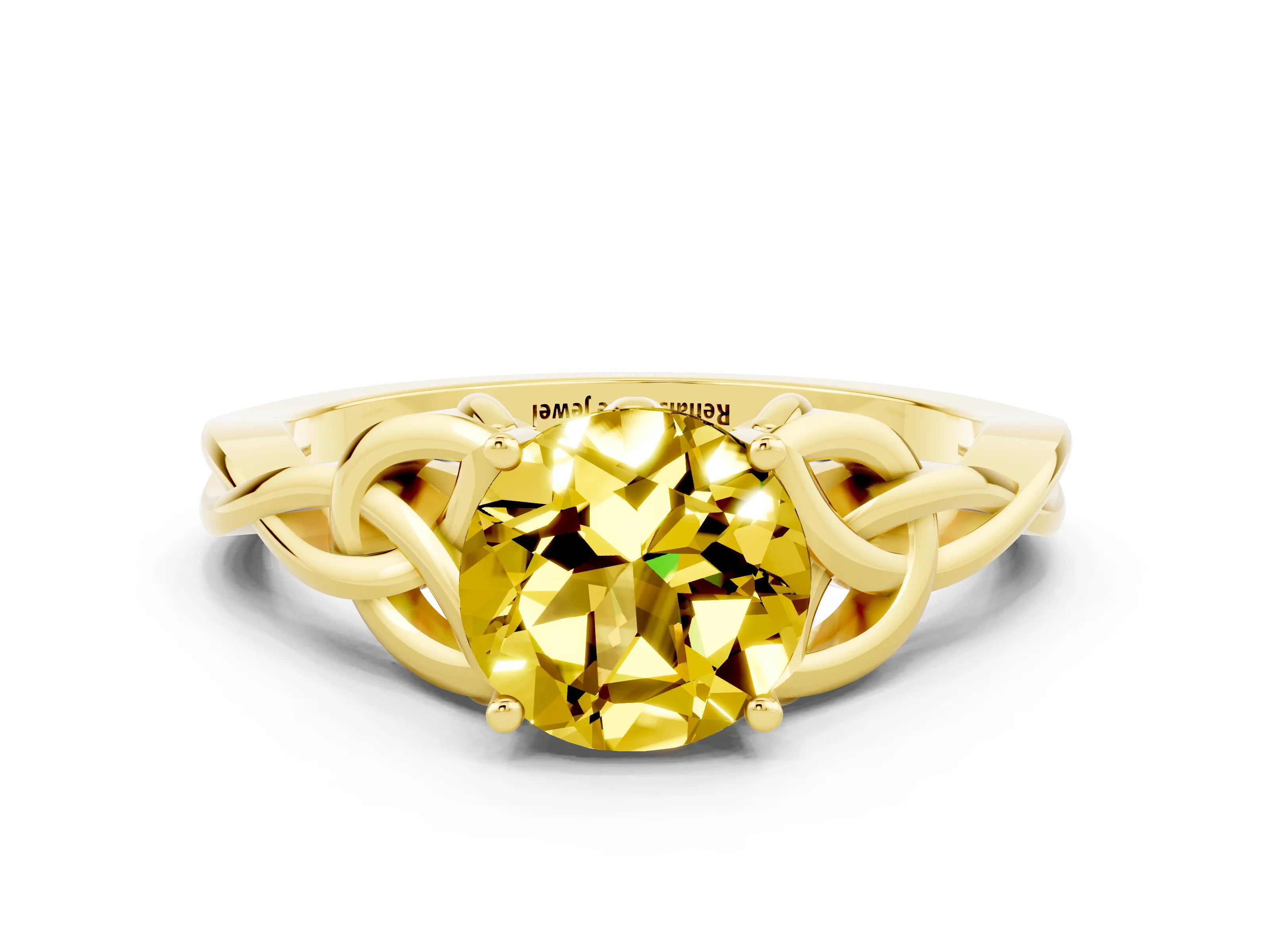 Yellow gold Round Cut Yellow Sapphire Solitaire Engagement Ring with Celtic Knot Band and Four-Prong Setting_24