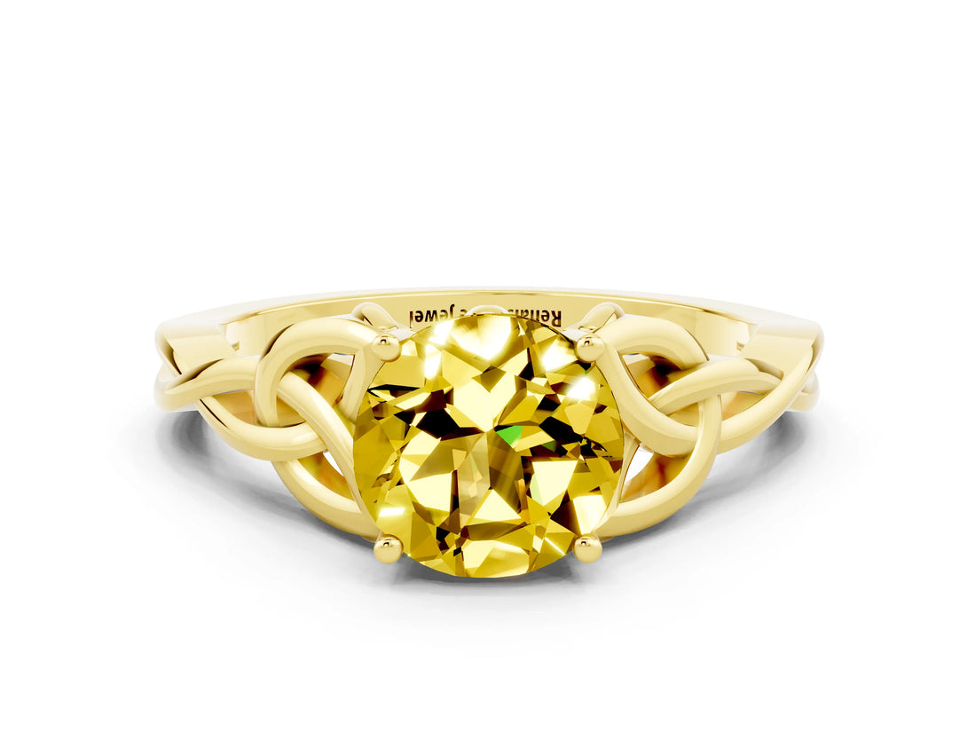 Yellow gold Round Cut Yellow Sapphire Solitaire Engagement Ring with Celtic Knot Band and Four-Prong Setting_24