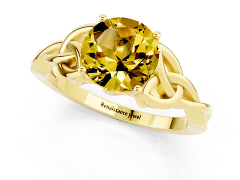 Yellow gold Round Cut Yellow Sapphire Solitaire Engagement Ring with Celtic Knot Band and Four-Prong Setting_25
