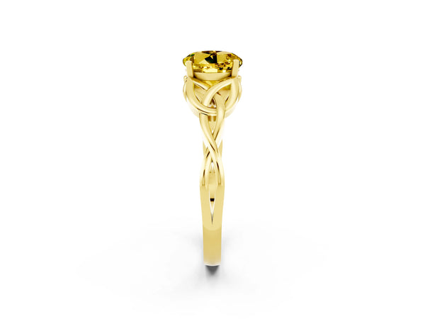 Yellow gold Round Cut Yellow Sapphire Solitaire Engagement Ring with Celtic Knot Band and Four-Prong Setting