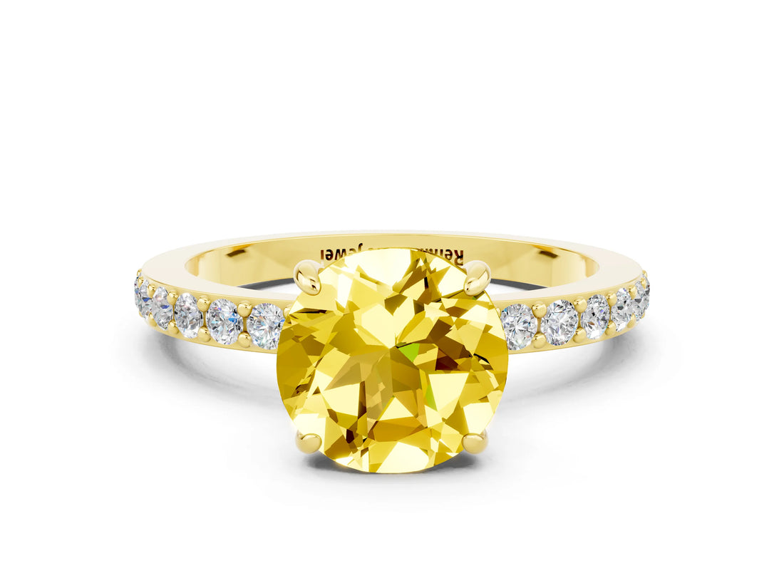 Yellow gold Round Cut Yellow Sapphire Solitaire Engagement Ring with Pavé Band and Four-Prong Setting_24