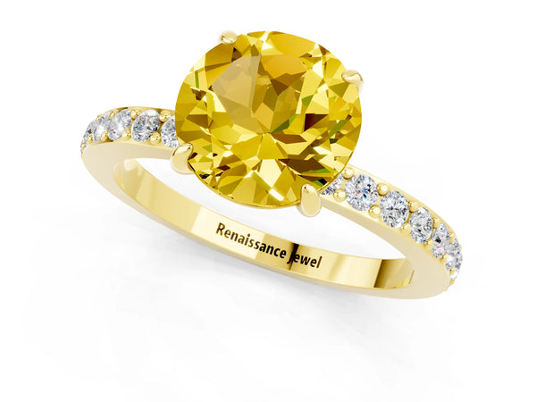 Yellow gold Round Cut Yellow Sapphire Solitaire Engagement Ring with Pavé Band and Four-Prong Setting