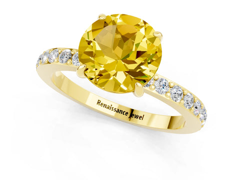 Yellow gold Round Cut Yellow Sapphire Solitaire Engagement Ring with Pavé Band and Four-Prong Setting_25
