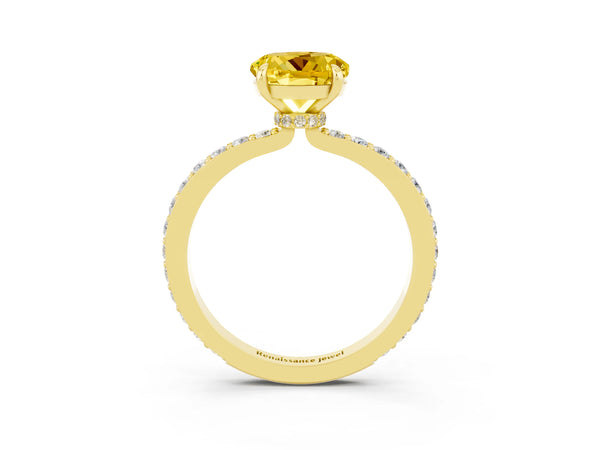 Yellow gold Round Cut Yellow Sapphire Solitaire Engagement Ring with Pavé Band and Four-Prong Setting