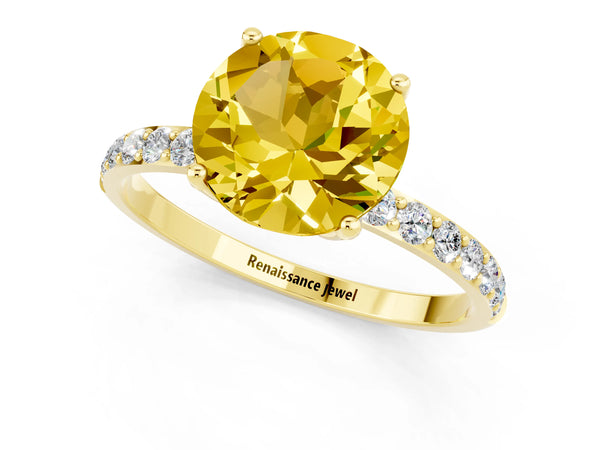 Yellow gold Round Cut Yellow Sapphire Solitaire Engagement Ring with Round  Pavé Band and Prong Setting