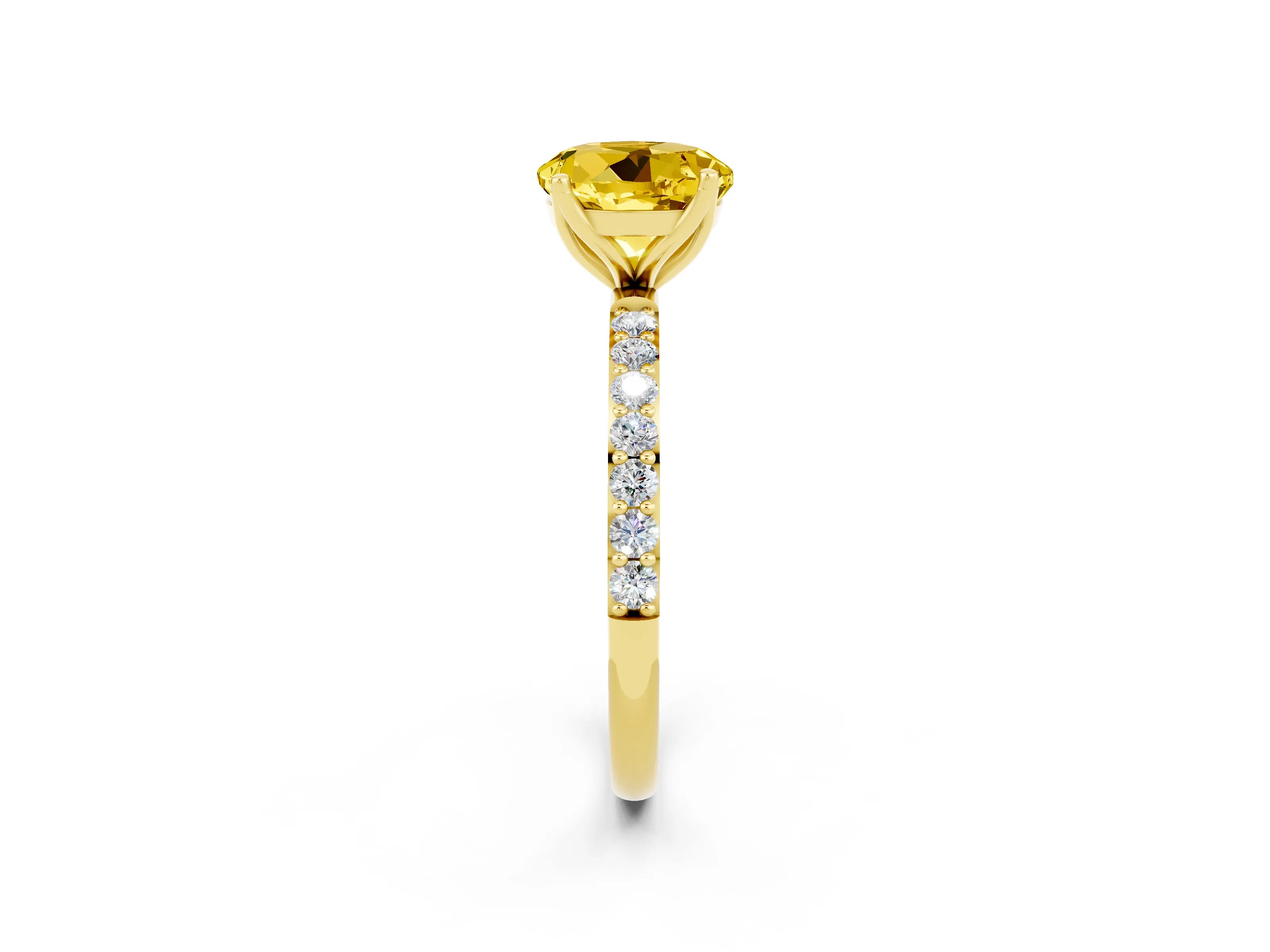 Yellow gold Round Cut Yellow Sapphire Solitaire Engagement Ring with Pavé Band and Prong Setting_2
