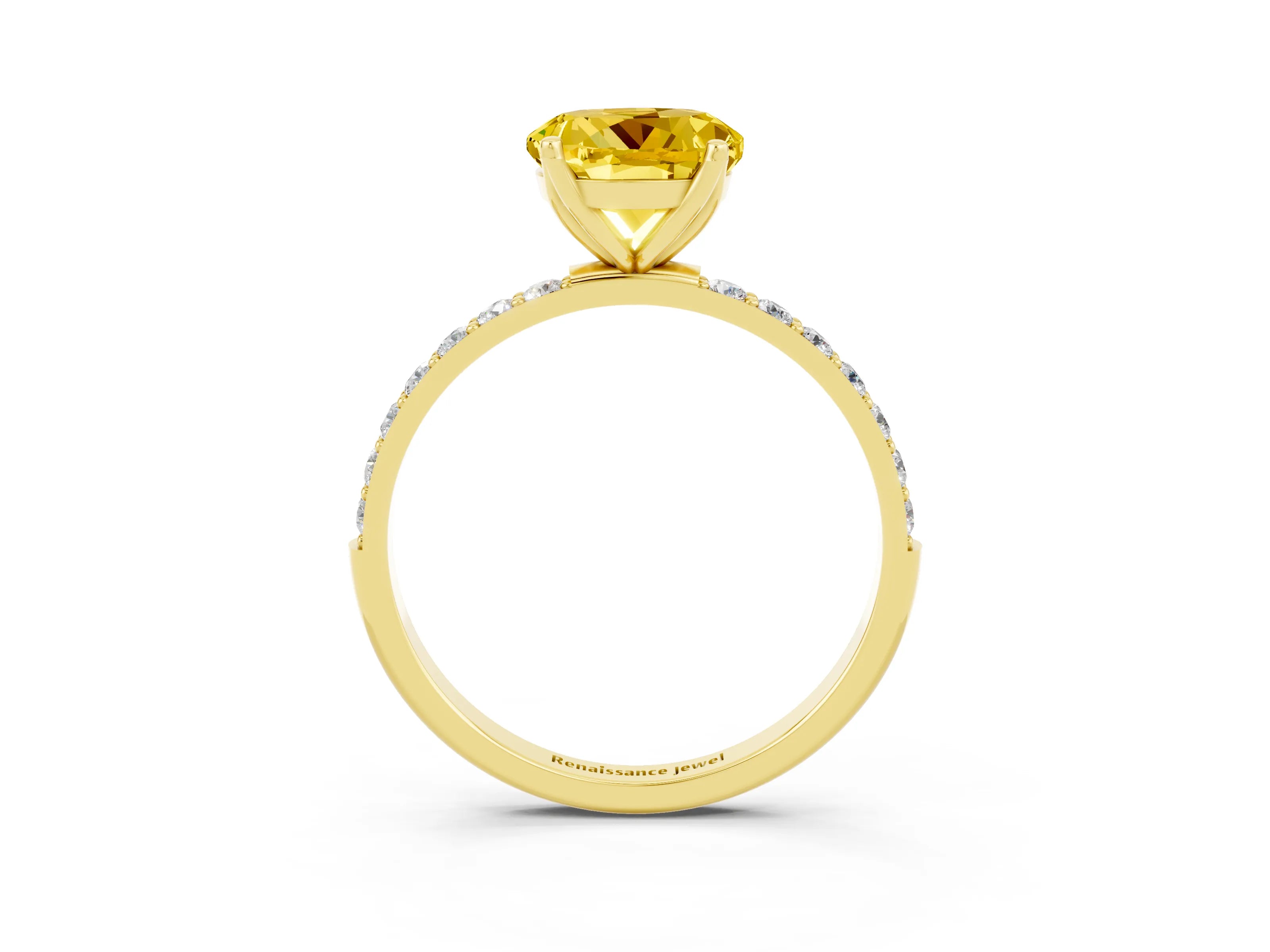Yellow gold Round Cut Yellow Sapphire Solitaire Engagement Ring with Pavé Band and Prong Setting_3