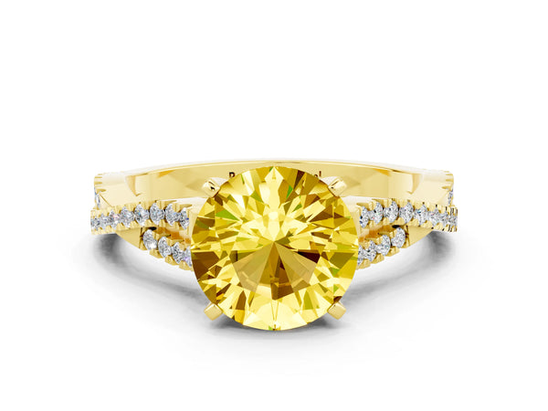 Yellow gold Round Cut Yellow Sapphire Solitaire Engagement Ring with Twisted Pavé Band and Four-Prong Setting