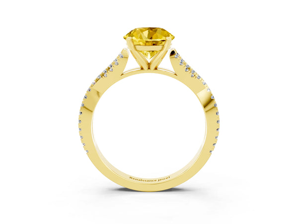 Yellow gold Round Cut Yellow Sapphire Solitaire Engagement Ring with Twisted Pavé Band and Four-Prong Setting