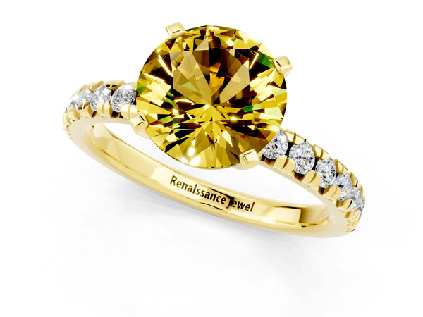 Yellow gold Round Cut Yellow Sapphire Solitaire Pavé Engagement Ring with Round Band and Prong Setting