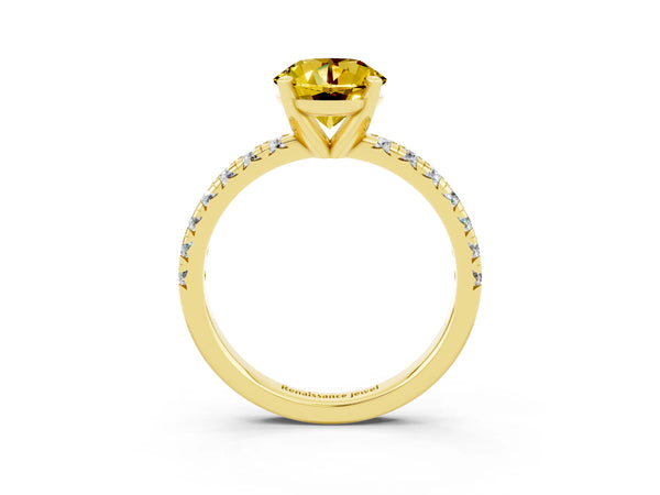 Yellow gold Round Cut Yellow Sapphire Solitaire Pavé Engagement Ring with Round Band and Prong Setting