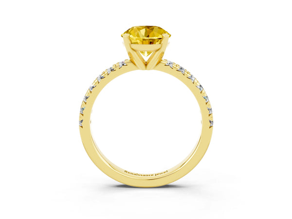 Yellow gold Round Cut Yellow Sapphire Solitaire Pavé Engagement Ring with Round Band and Prong Setting
