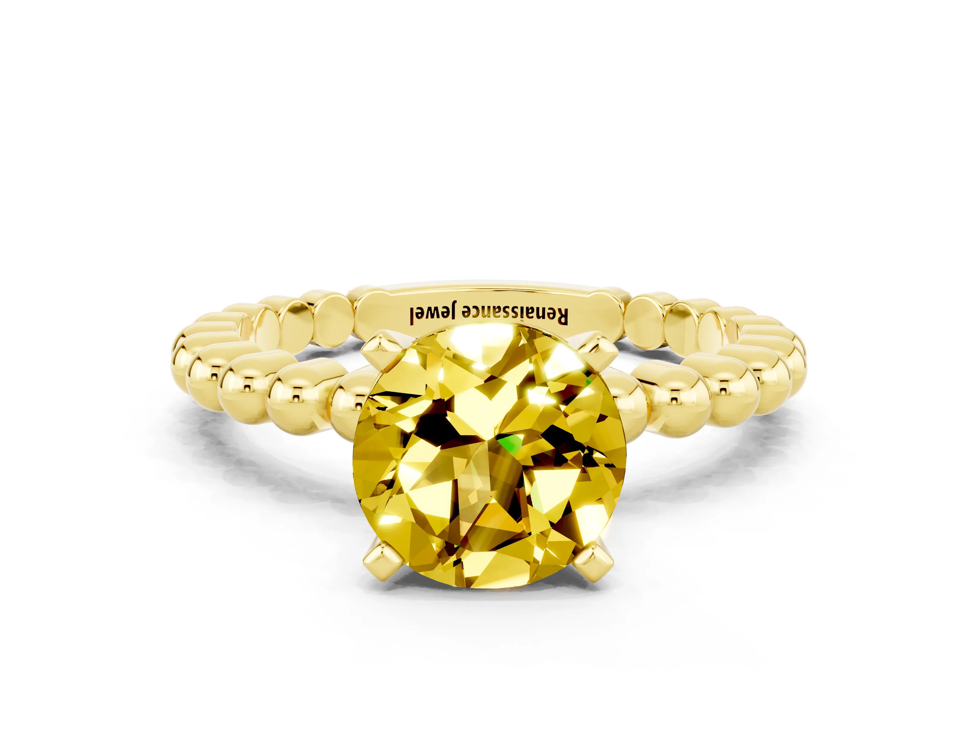 Yellow gold Round Cut Yellow Sapphire Solitaire Ring with Beaded Band and Prong Setting