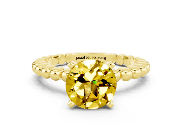 Yellow gold Round Cut Yellow Sapphire Solitaire Ring with Beaded Band and Prong Setting