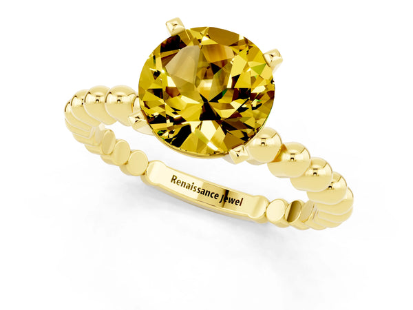 Yellow gold Round Cut Yellow Sapphire Solitaire Ring with Beaded Band and Prong Setting