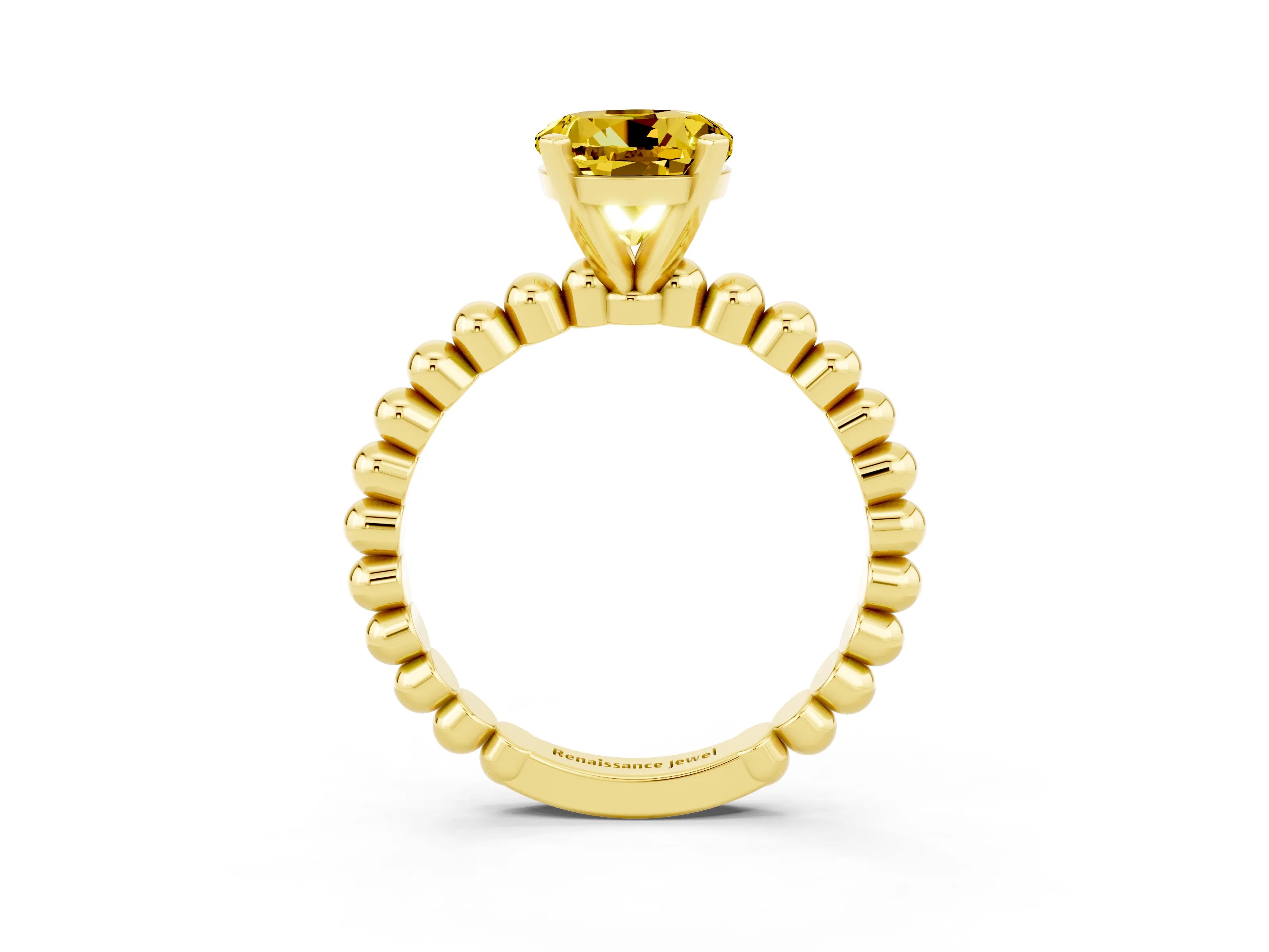 Yellow gold Round Cut Yellow Sapphire Solitaire Ring with Beaded Band and Prong Setting_3