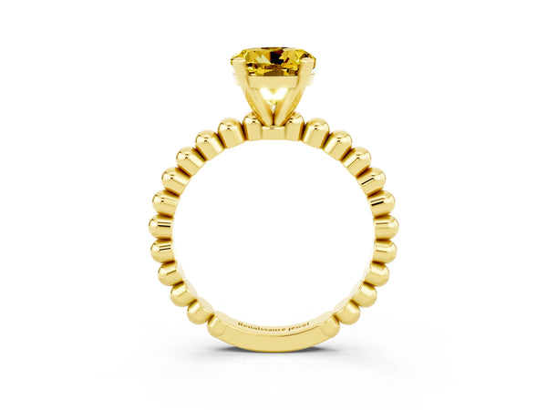 Yellow gold Round Cut Yellow Sapphire Solitaire Ring with Beaded Band and Prong Setting